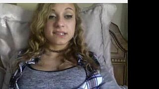 Cutie teen babe strips clothes, rips top to suck big tits and tease dildo on webcam