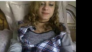 Cutie teen babe strips clothes, rips top to suck big tits and tease dildo on webcam