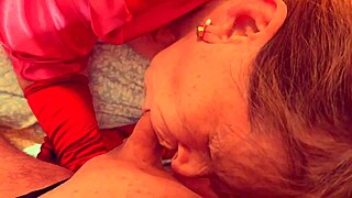 granny in stockings and corset moans as she rides cock like little red riding hood