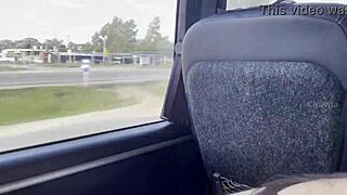 quick bus blowjob ends with hot cum swallow