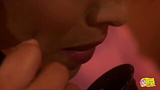 brunette and blonde girlfriends kiss on bed leading to hot lesbian play with toys