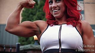 whoa tia marie flexes those muscular biceps in her sexy redhead bodybuilder tape 📏💪