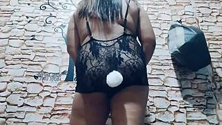 chubby asian in lingerie rubs big natural tits dildo on pussy and bare feet for footjob fetish