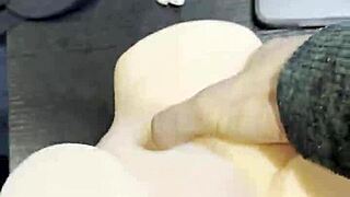 guy rams fuck doll hard watching porn then blasts cum load