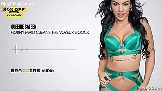 horny maid queenie sateen cleans voyeur's monster cock with blowjob riding cowgirl spitting cum on tits