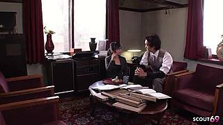 Japanese teen secretary slurps old boss's fat cock hungrily