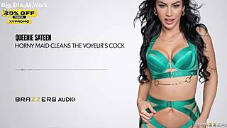 horny maid queenie sateen cleans voyeur's monster cock with blowjob riding cowgirl spitting cum on tits