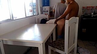 Naughty wife rides huge black cock while cuck washes kitchen dishes