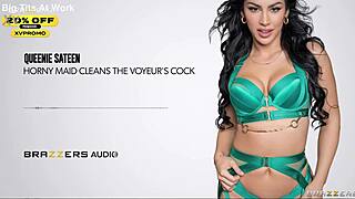 horny maid queenie sateen cleans voyeur's monster cock with blowjob riding cowgirl spitting cum on tits