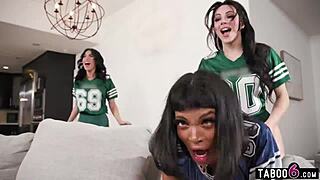 on game day three shemales dive into a wild fuck fest together