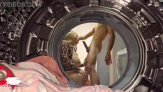 chubby blonde milf seduces young guy for laundry room riding and missionary sex