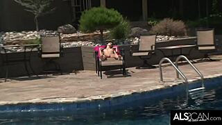 slender brunette tamara jade fingers her pussy to orgasm poolside