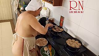 Wow, Regina Noir cooks naked as nudist housewife maid!