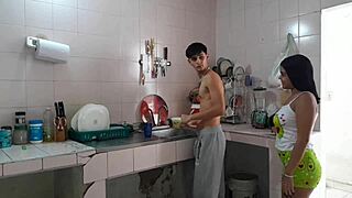 Colombian tenant spreads skinny legs so pretty brown-eyed latina gets big cock in tight vagina