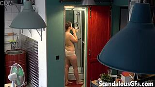 damn my girlfriend's shaved pussy shines in the shower mirror while she strips nude 😍🛁