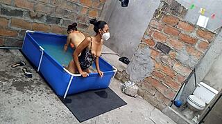 athletic indian and curvy latina flash sensual poolside bodies under the sun