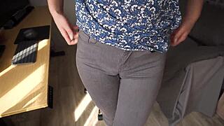 naughty colleague teases her camel toe bulging in those tight jeans up close