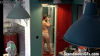 damn my girlfriend's shaved pussy shines in the shower mirror while she strips nude 😍🛁