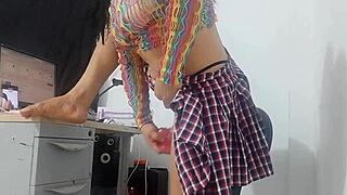 Sweet curvy girl in miniskirt fishnets shakes submissive ass taking huge horse dildo kinky deep