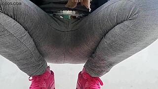 i flash my huge tits in public garden then piss my tight pants soaking them wet european outdoor fetish