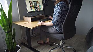 naughty colleague teases her camel toe bulging in those tight jeans up close