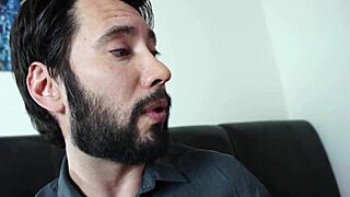 brunette milf spreads shaved pussy for licking before monster cock fuck in heels