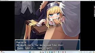 Exorcist Charlotte gagging on deep throat cum in tied hentai game!