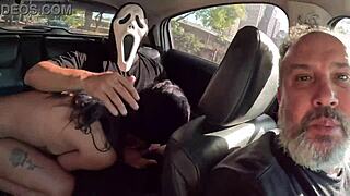 halloween car ride turns wild with pretty novinha juh jackson in costume outdoors