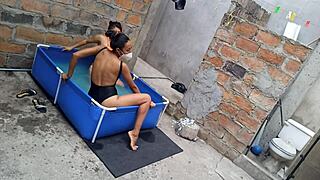 athletic indian and curvy latina flash sensual poolside bodies under the sun