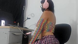 Sweet curvy girl in miniskirt fishnets shakes submissive ass taking huge horse dildo kinky deep