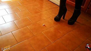 Tall mistress in heels dominates slave ass fetish in garage bdsm