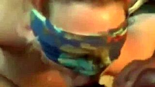 Blindfolded milf gags on monster cock face fuck