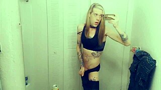 Hot Tranny's Tight Leggings Clit Bursts In Yoga Cum Frenzy