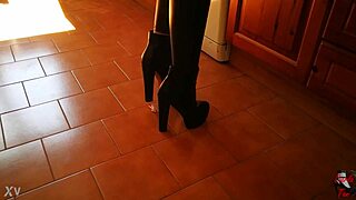 Tall mistress in heels dominates slave ass fetish in garage bdsm