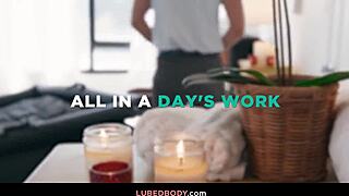 office milf masseuse deepthroats big cock then gets tittyfucked and creampied at work