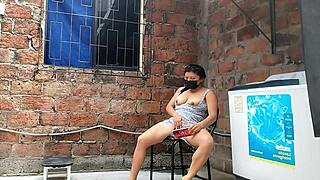 Neighbor slips fingers into her wet pussy on camera then spots me spying