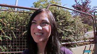 after cunnilingus this pierced brunette with small tits and big ass gets clothes ripped for hard doggystyle pounding cumshot.