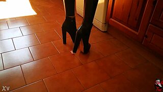 Tall mistress in heels dominates slave ass fetish in garage bdsm