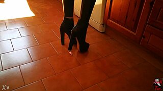 Tall mistress in heels dominates slave ass fetish in garage bdsm