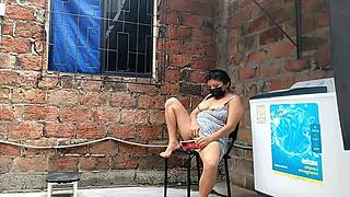 Neighbor slips fingers into her wet pussy on camera then spots me spying