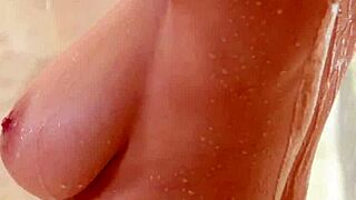 hot babe soaps massive natural tits and bubble butt in steamy shower rip lingerie off