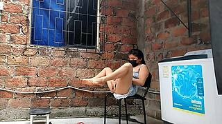 Neighbor slips fingers into her wet pussy on camera then spots me spying