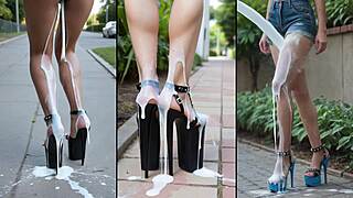 Cum blasts high heels, sexy legs and feet in public mess!!