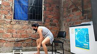 Neighbor slips fingers into her wet pussy on camera then spots me spying