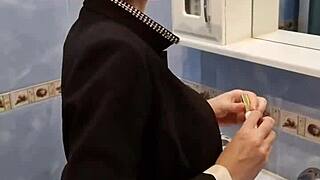 Skinny Tanned Neighbor Fucks in Bathroom with Long Hair Bra.