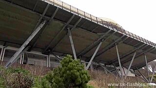 Sarah Janes flashes naughty milf pussy publicly then masturbates outdoors!