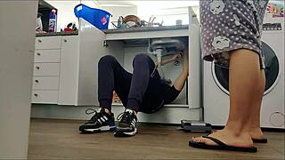 Chubby horny wife rides handyman cock doggystyle under sink then cowgirl orgasms