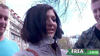 ukrainian blue-eyed lina arian teases in park stockings then three guys gangbang her at home