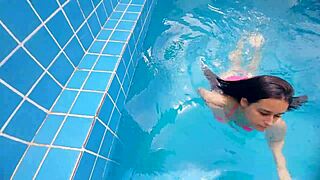 guy catches half-sister by pool shocked at his hard cock surprise