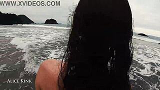 hey alice kinks out her micro bikini right on public beach